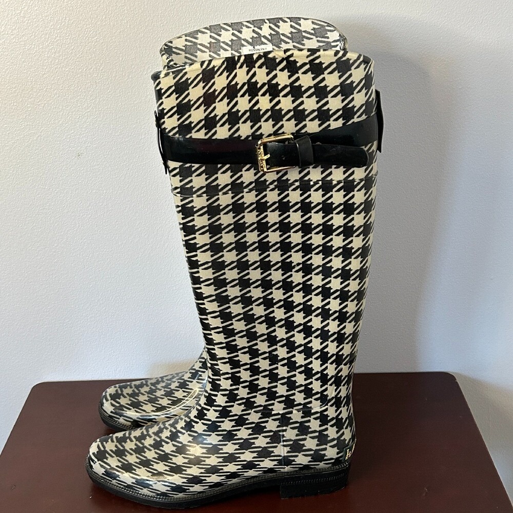 Lauren Ralph Lauren Rossalyn II Black White Houndstooth Rain Boots 6B Equestrian